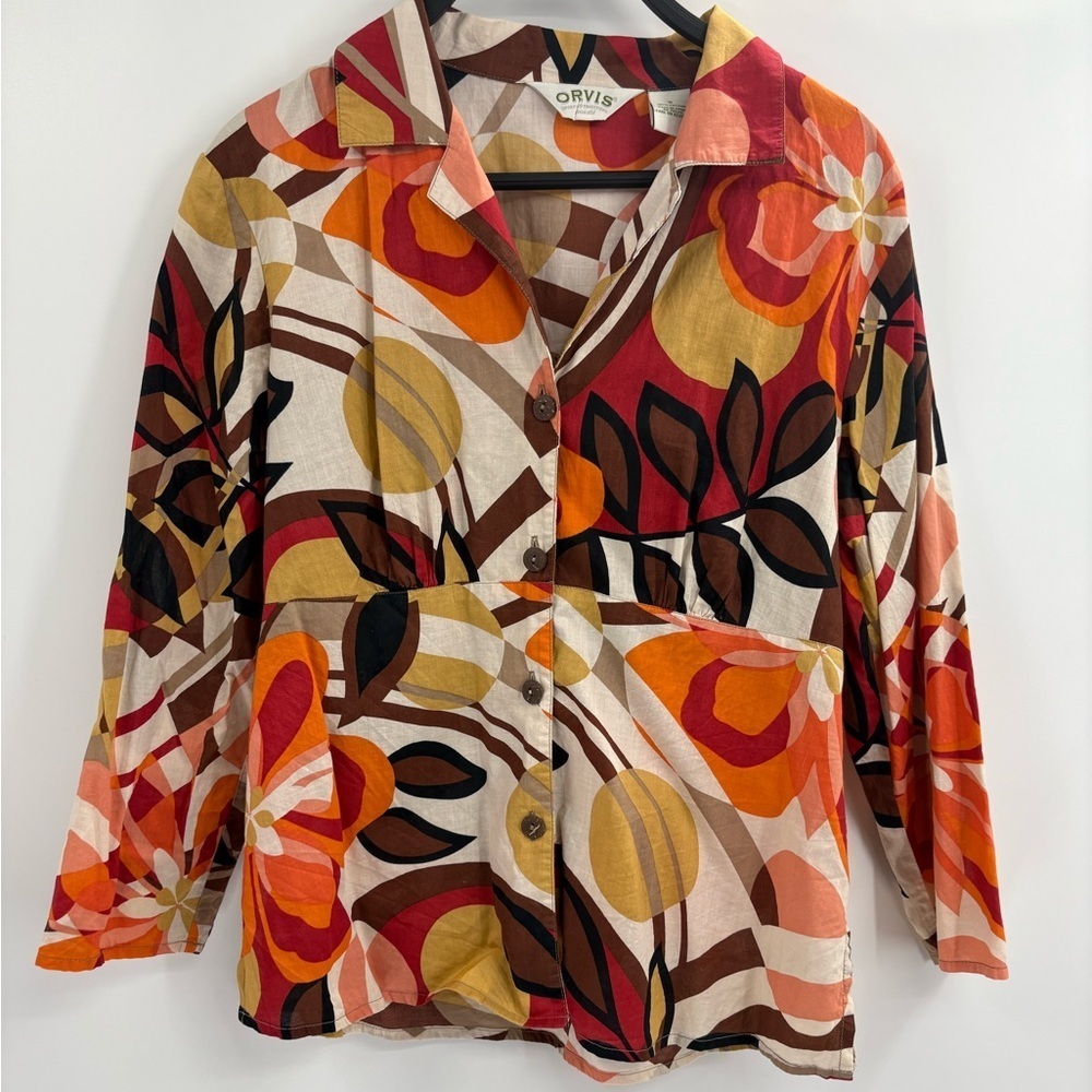 Orvis Vintage Retro 90s Y2K Floral Orange Yellow Button Up Blouse Size Small